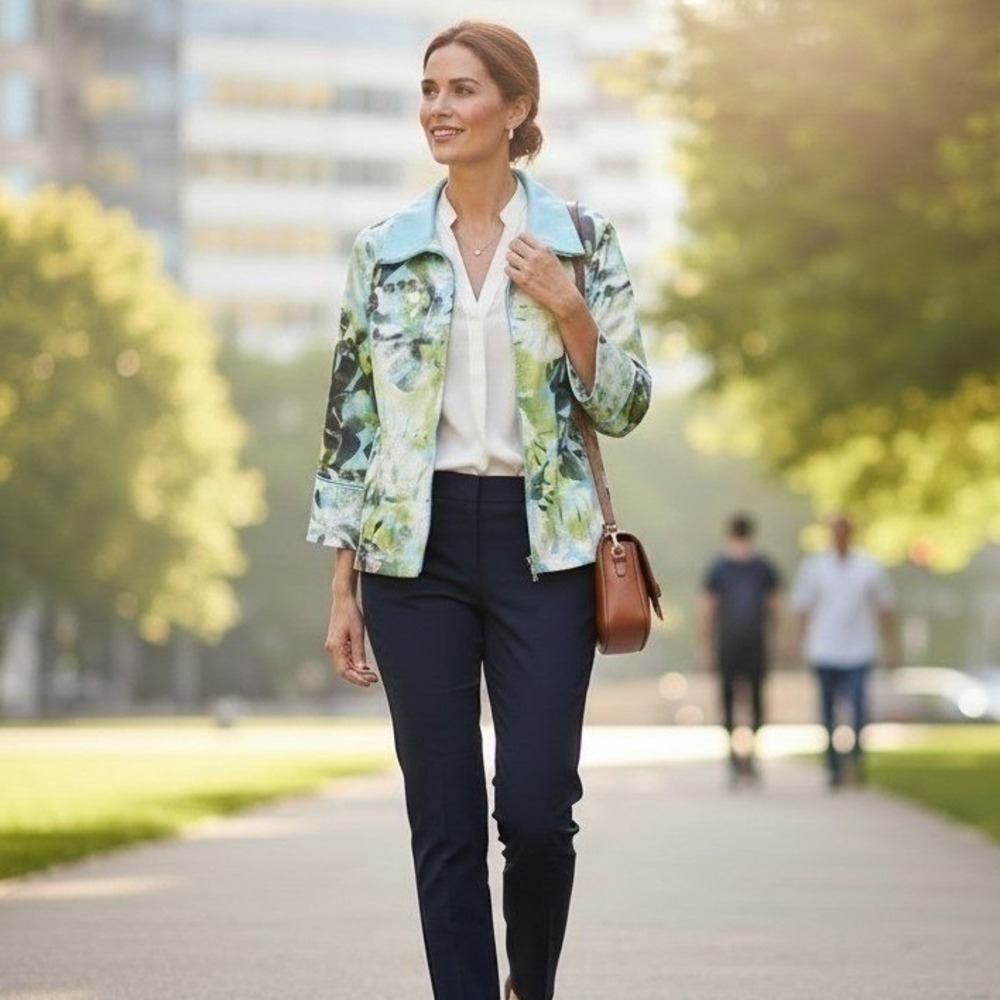 Floral Full Zip Jacket Blue Green Casual Coat Women's Large